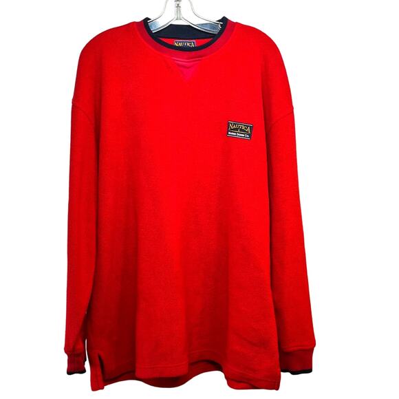 VTG Y2K Nautica Marine Denim Fleece Pullover Sweatshirt Men's Medium/Large Red - Picture 1 of 4